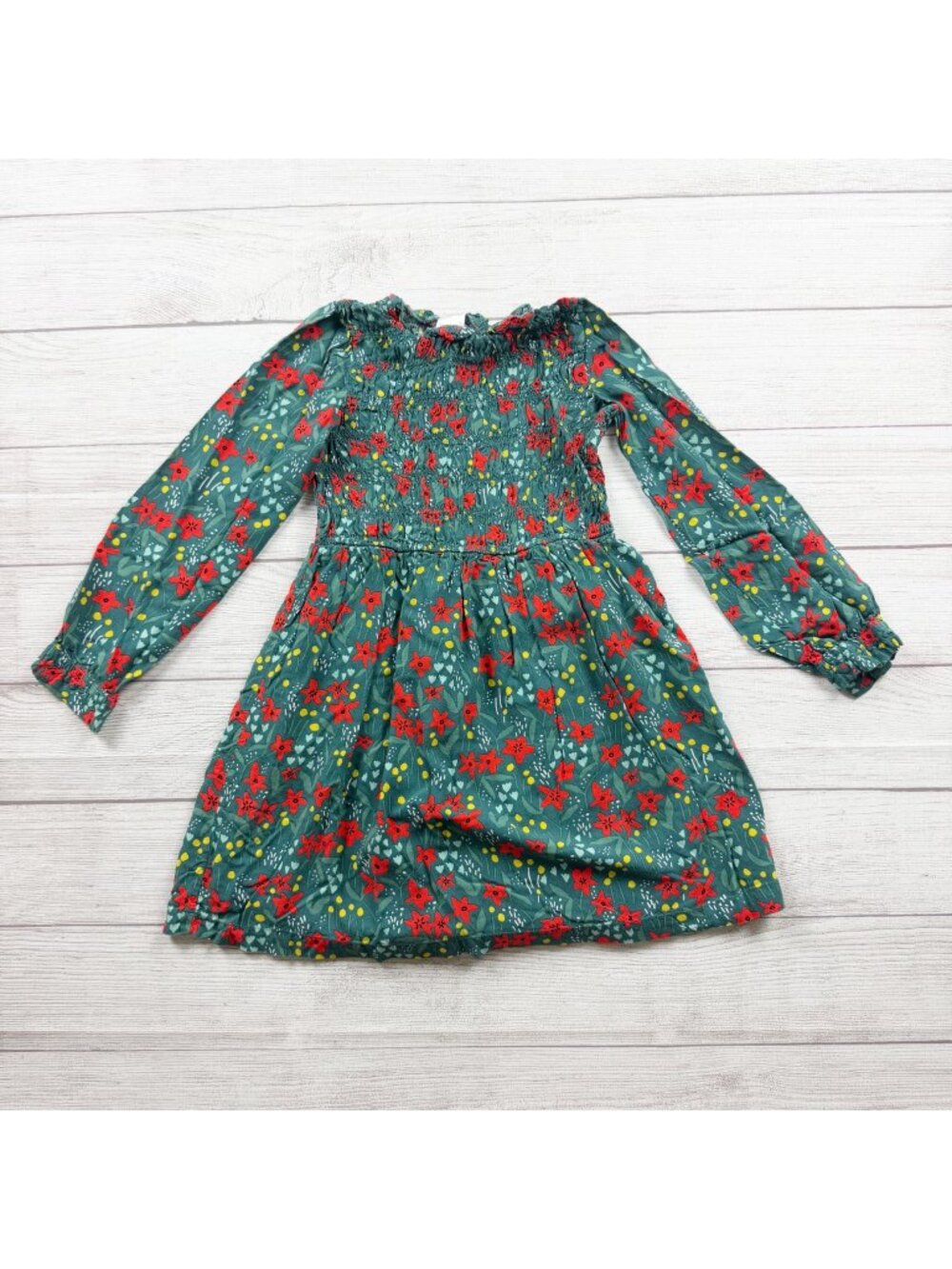 Hanna Andersson Girls Floral Long Sleeve Smocked Dress Green Red Print 8
